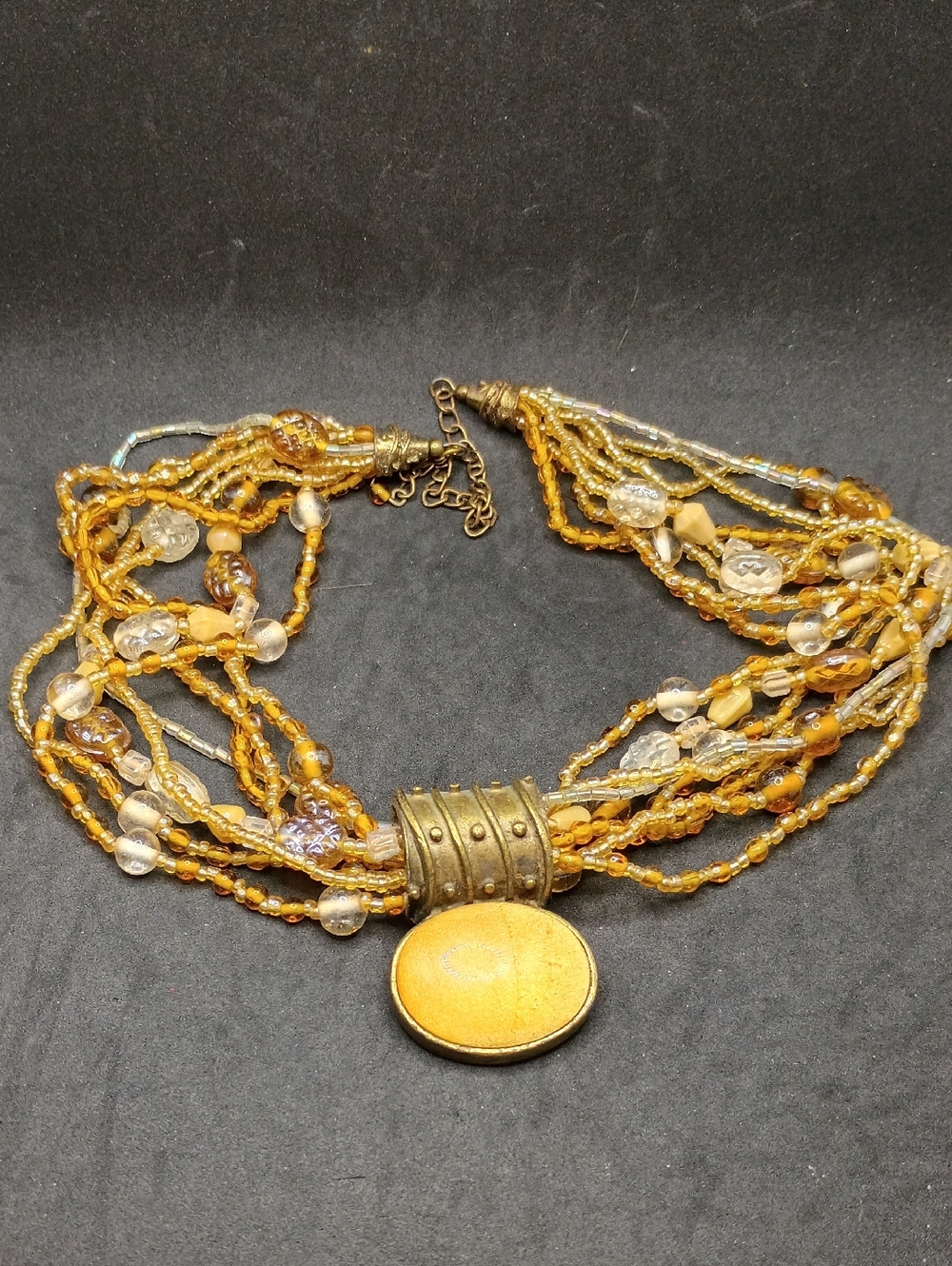 Multistrand Amber Bead Necklace with Gold-Tone Pendant